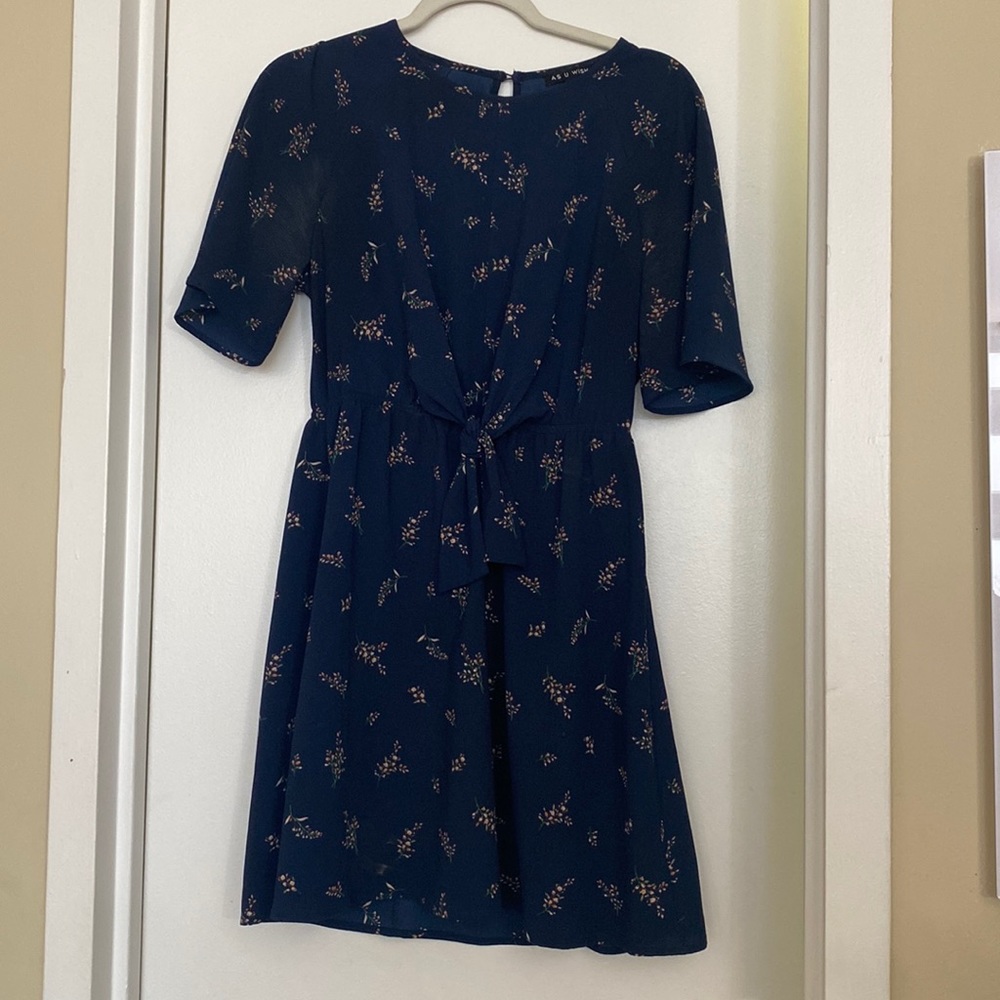 Flattering AS U WISH small navy blue swing dress with pink flower patterns